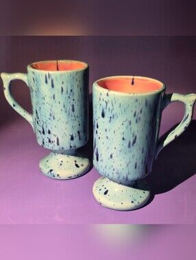Speckled Ceramic Mugs in Aqua with Coral Interior